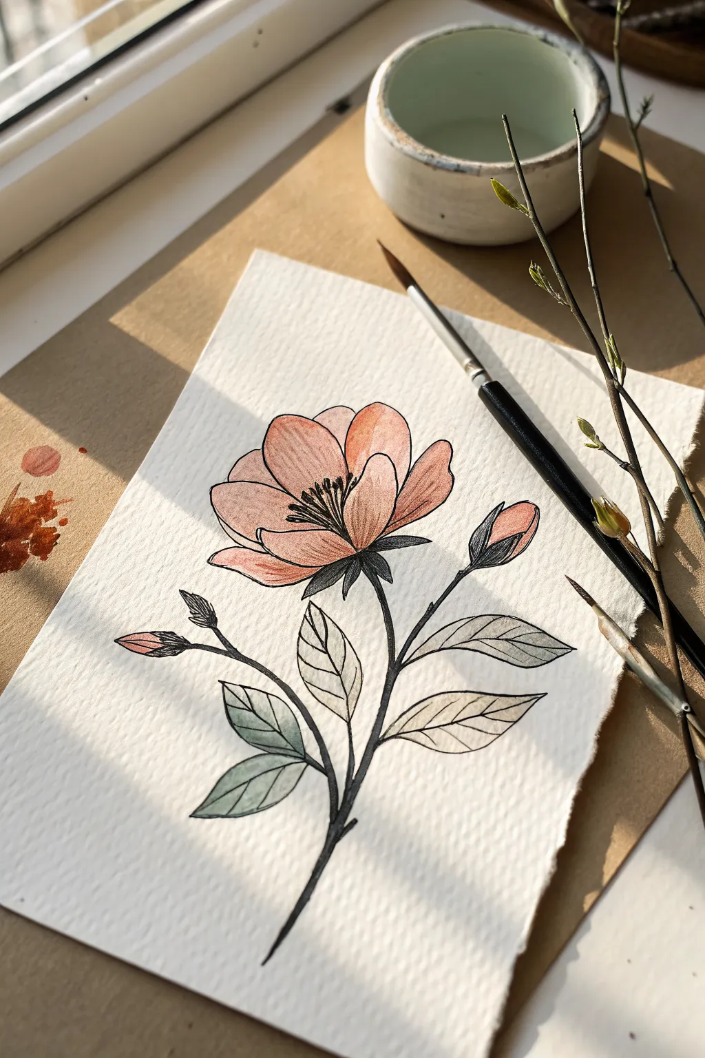 Single bold-outlined blossom with softly painted petals, minimalist boho color blocks to try