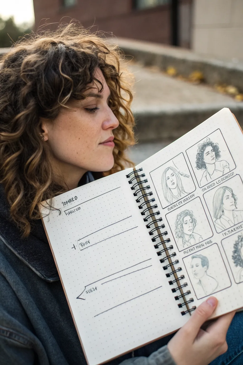 Hair flow map sketch page with three mini studies: straight, wavy, and curly, guided by arrows