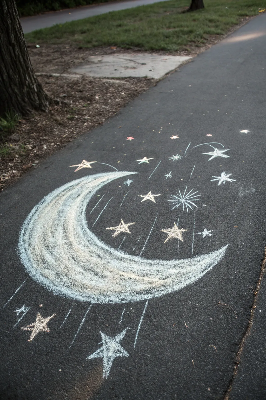 Dreamy chalk moon and shooting stars on dark pavement, a minimal glowy night-sky sketch