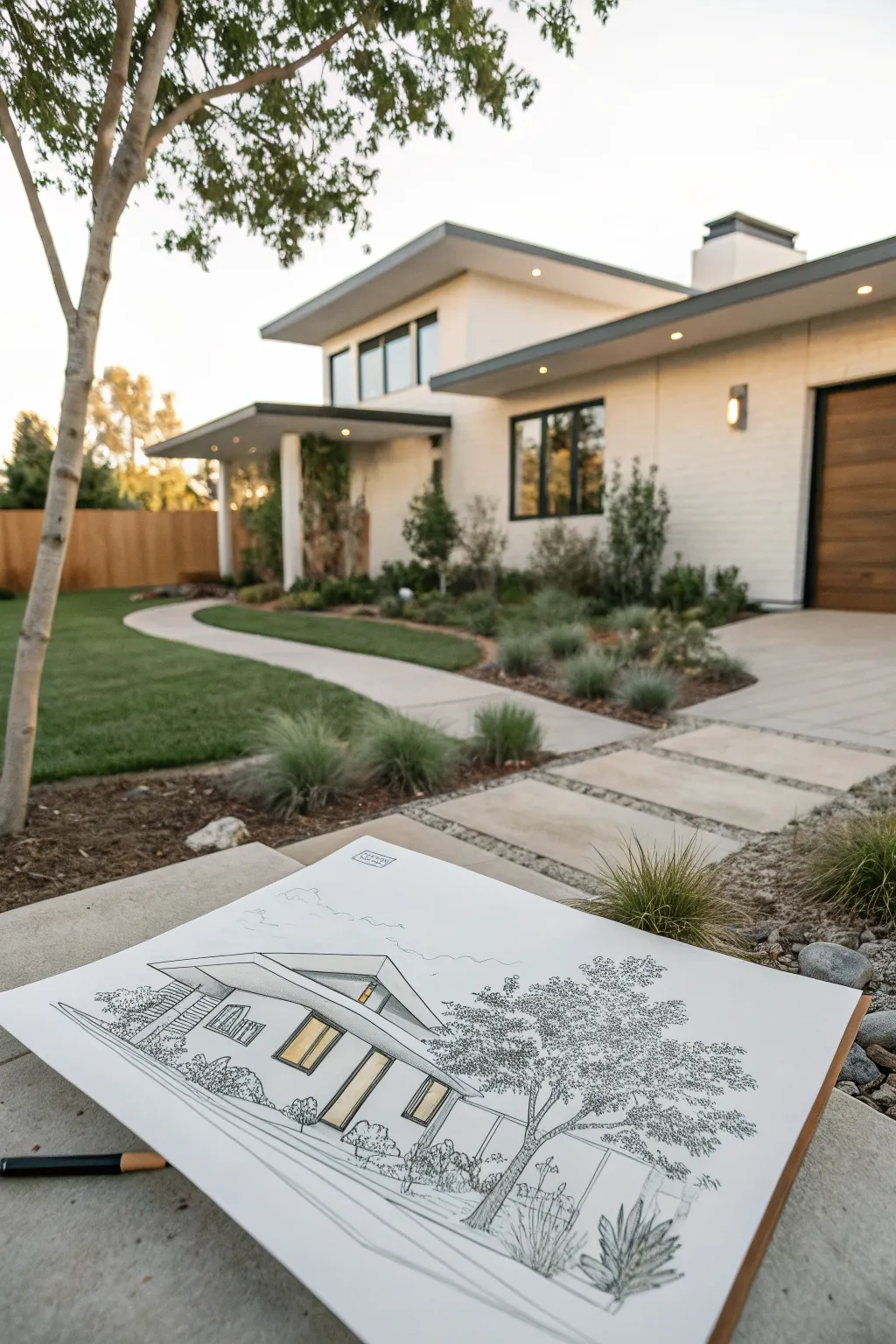 Simple modern house sketch with minimalist shrubs, smooth lawn lines, and one slender tree.