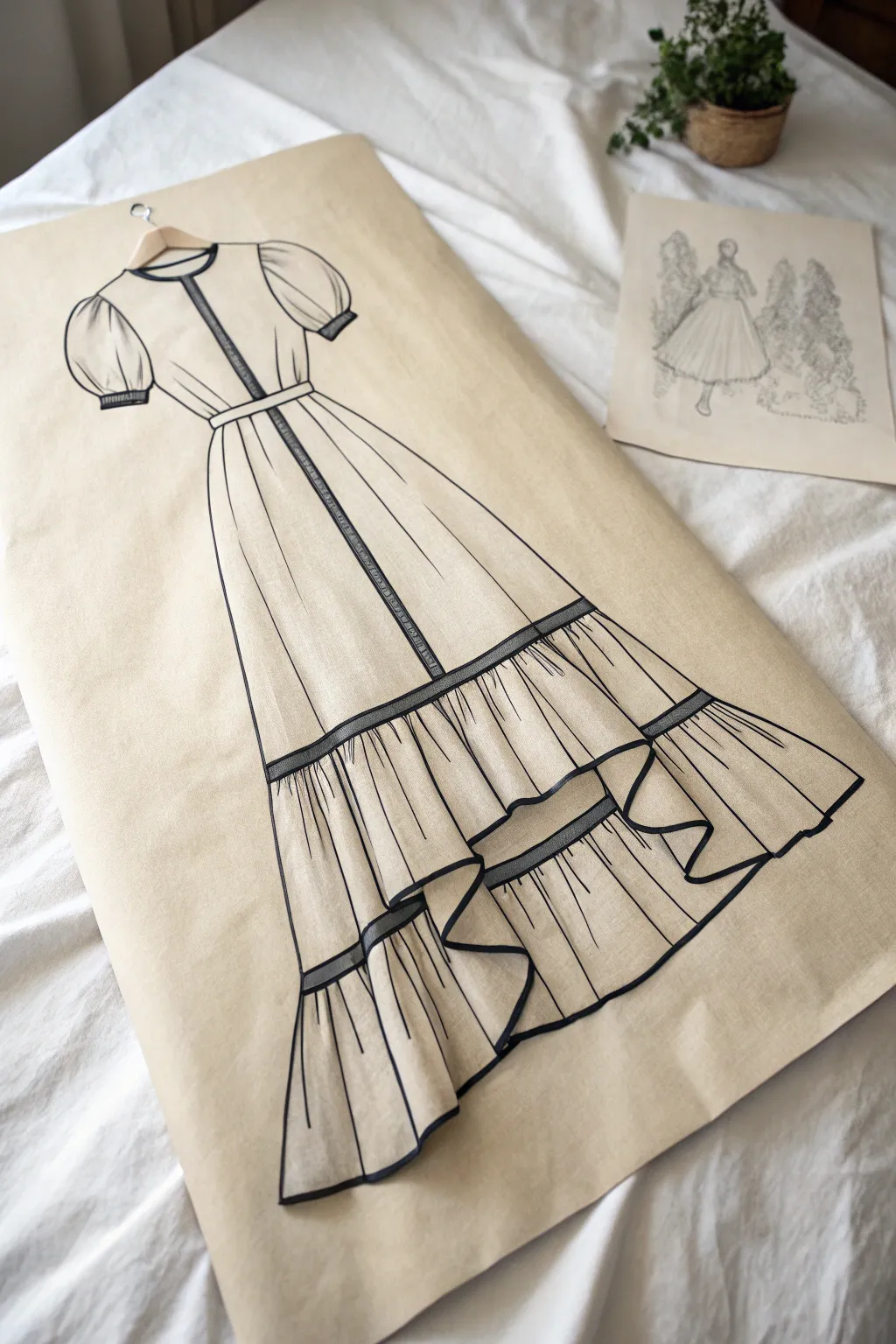 High-low hem dress sketch with layered skirt panels, bold hemline focus in minimal boho style