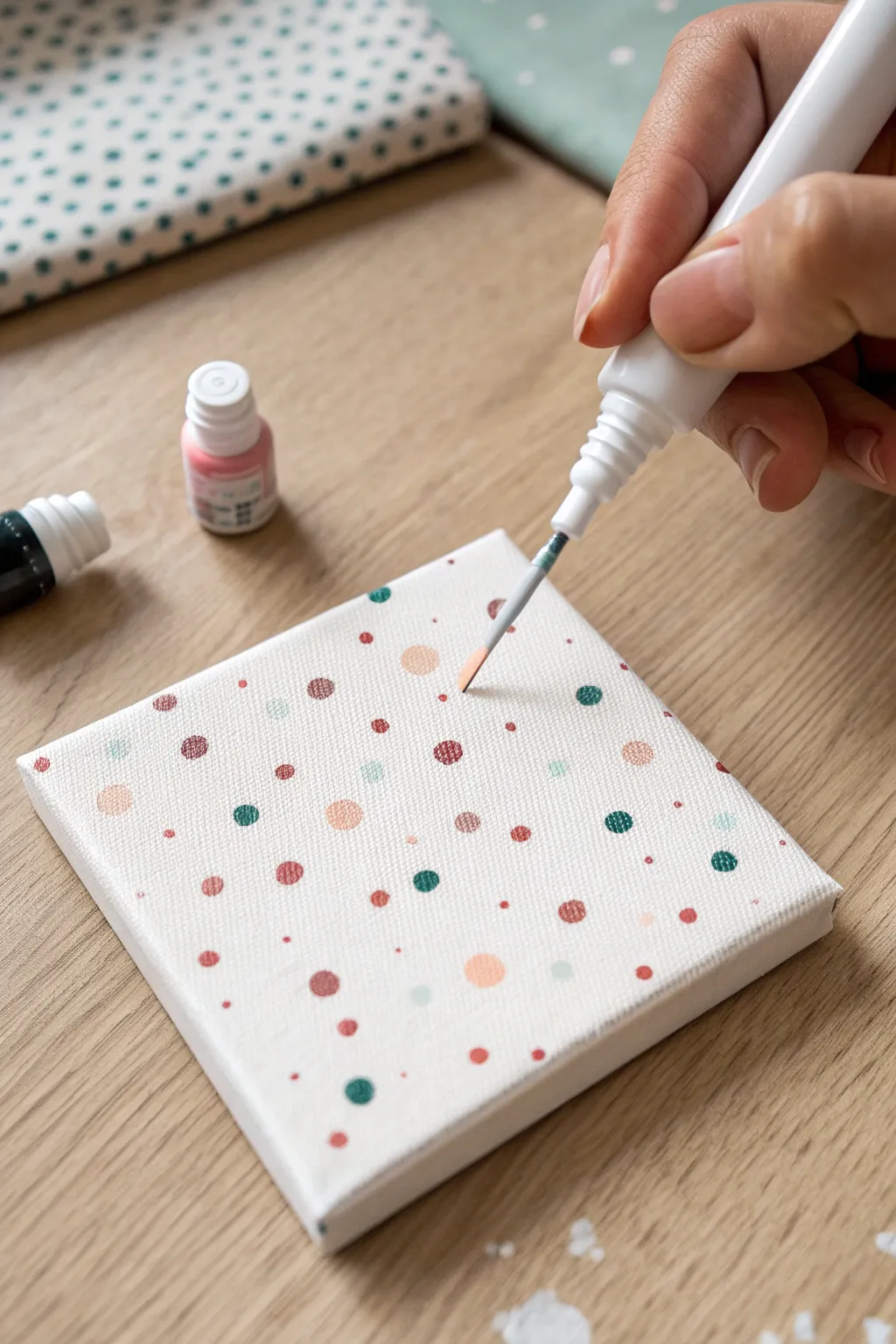 Kid-friendly drip painting with Q-tip dots turning into delicate mini drip trails on canvas
