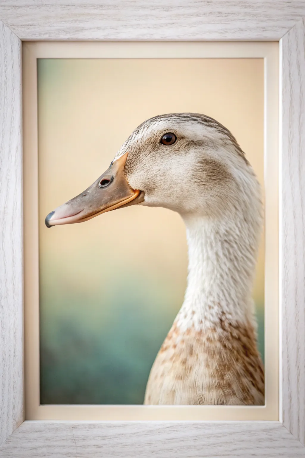 Close-up duck portrait study with crisp eye detail and a soft Nordic gradient backdrop