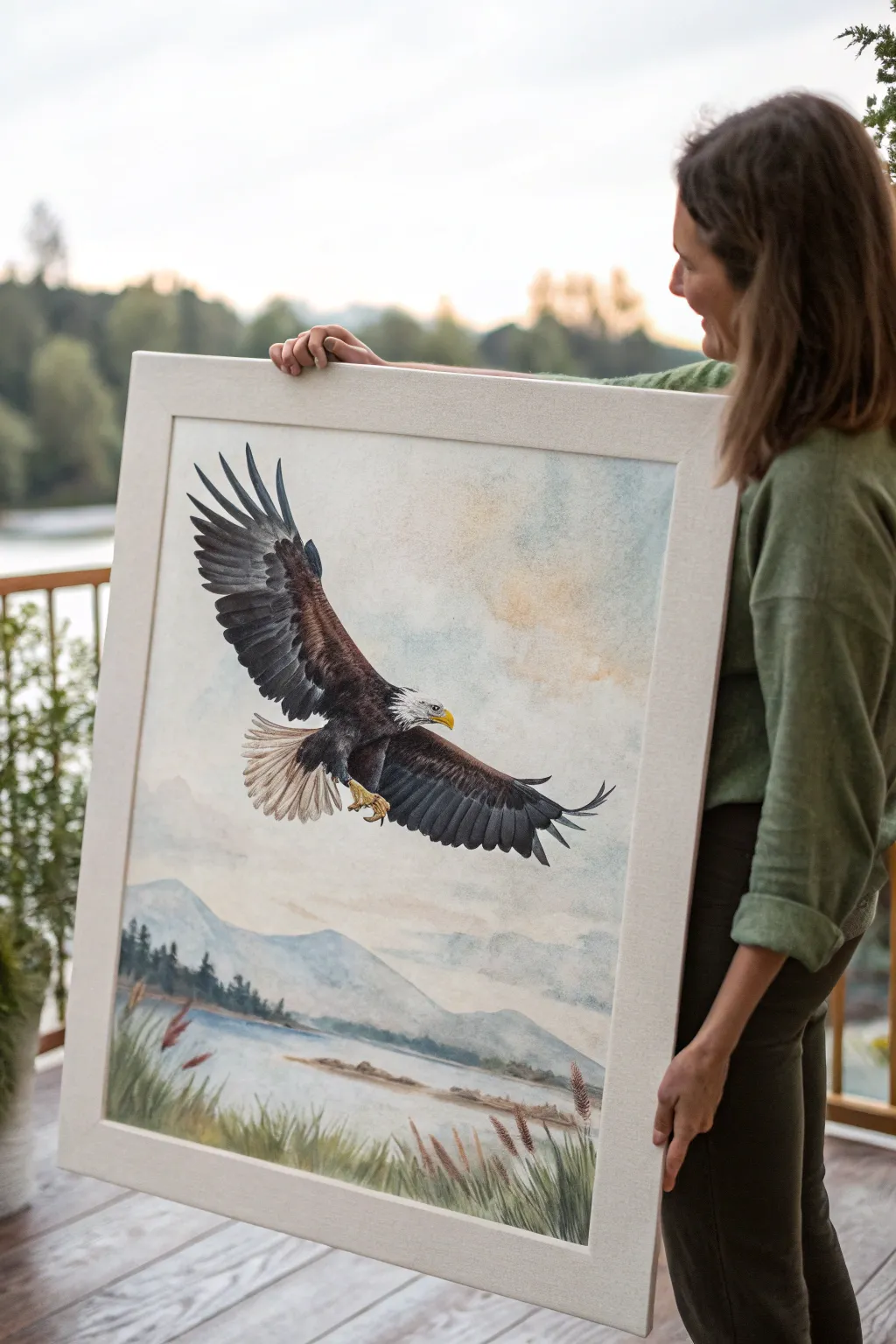 Suspended landing moment: wings high, talons forward, in a clean minimalist eagle study.