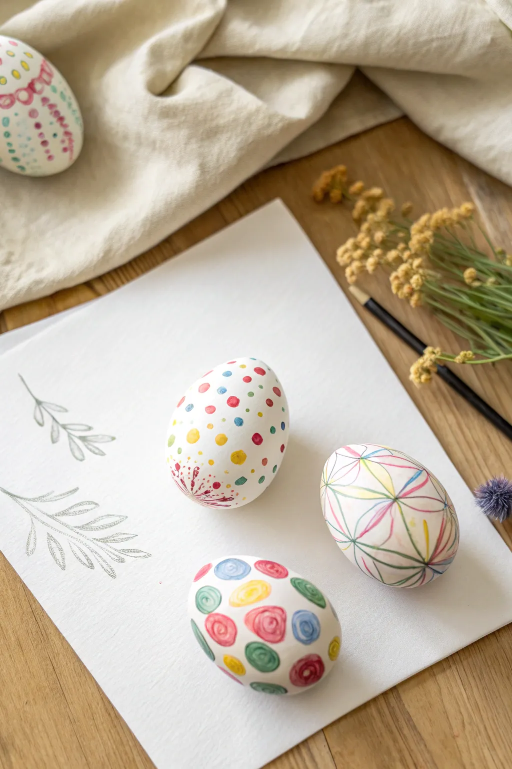 Toddler fingerprint Easter eggs on clean white paper, bright playful dots on a calm minimalist scene
