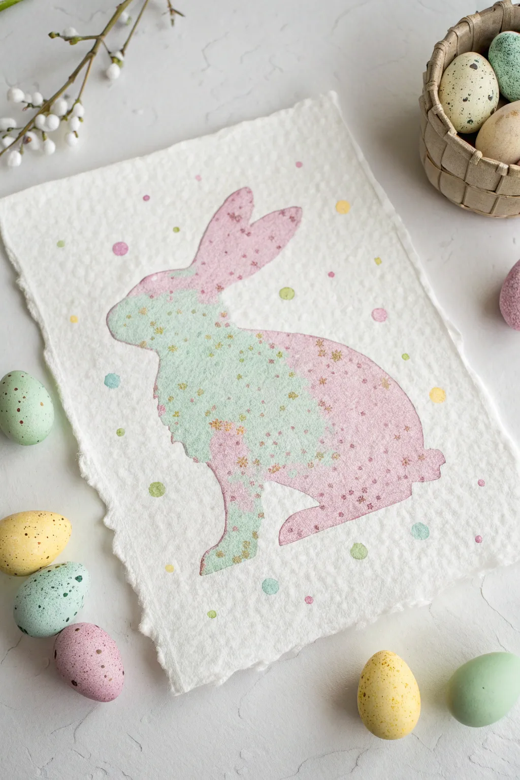 Crisp stencil bunny with speckled pastel sponge texture on clean white paper, minimal and boho.