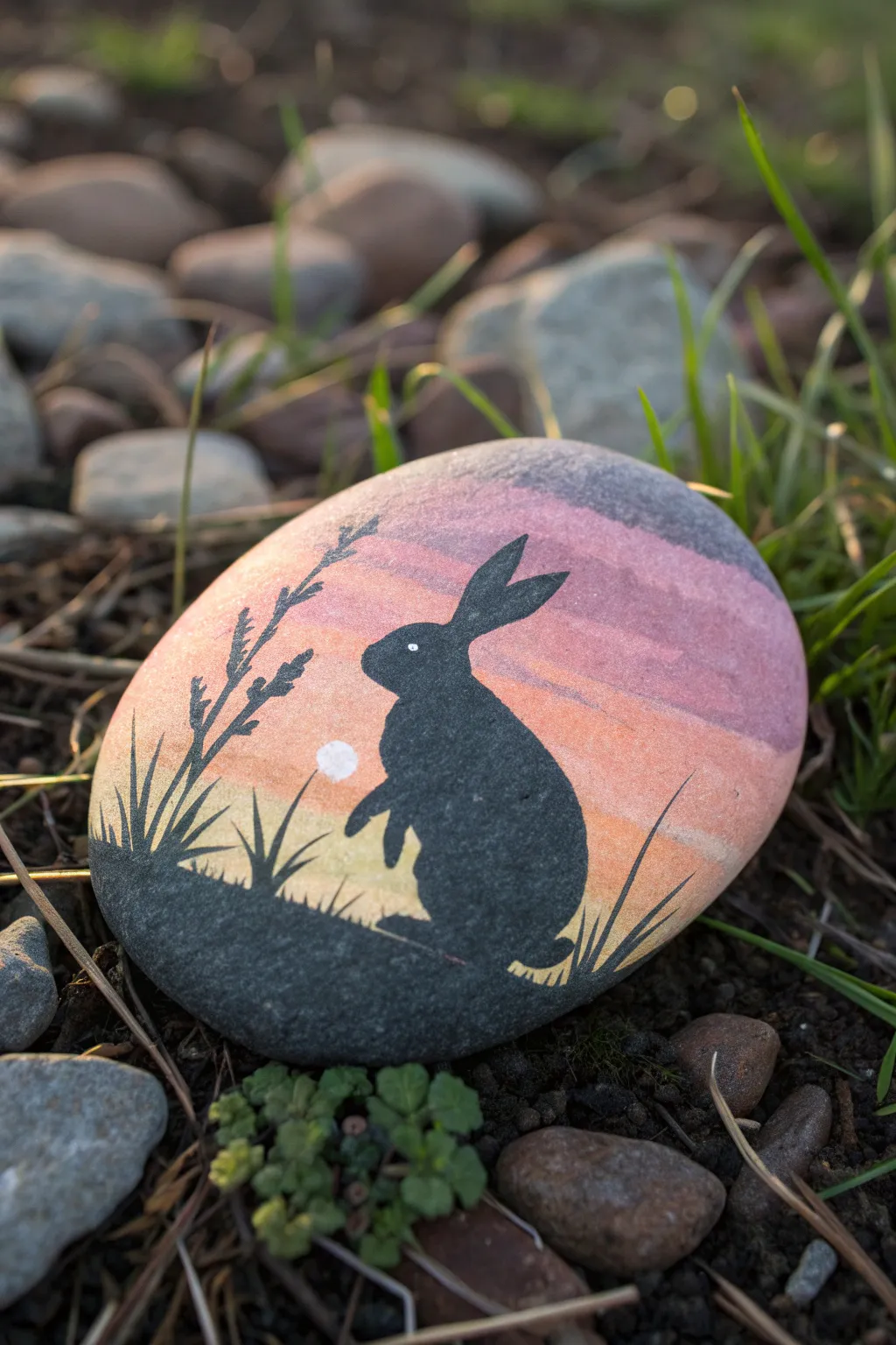 Minimal sunset bunny silhouette rock with tiny spring grass, a calm Scandinavian boho Easter craft.