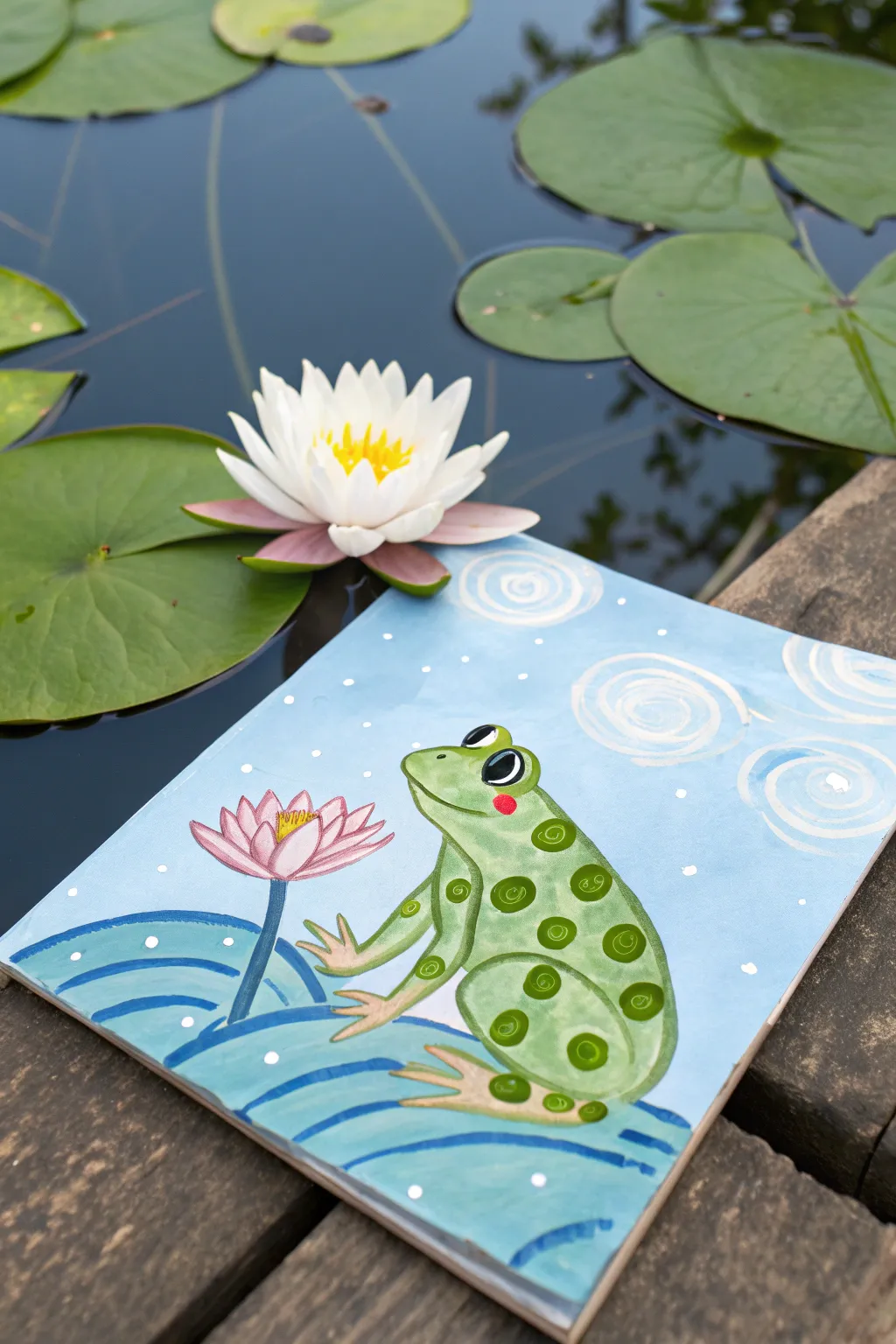 Silly circle frog on a lily pad, an easy acrylic painting kids can finish in one sitting