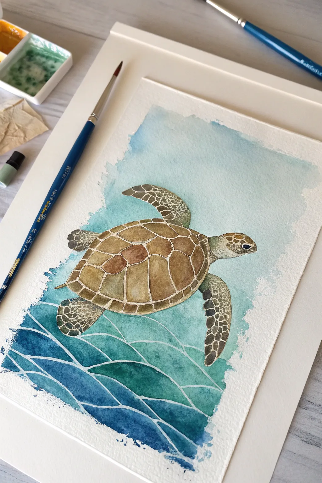 Minimal sea turtle painting idea: simple shell shapes gliding through layered blue water