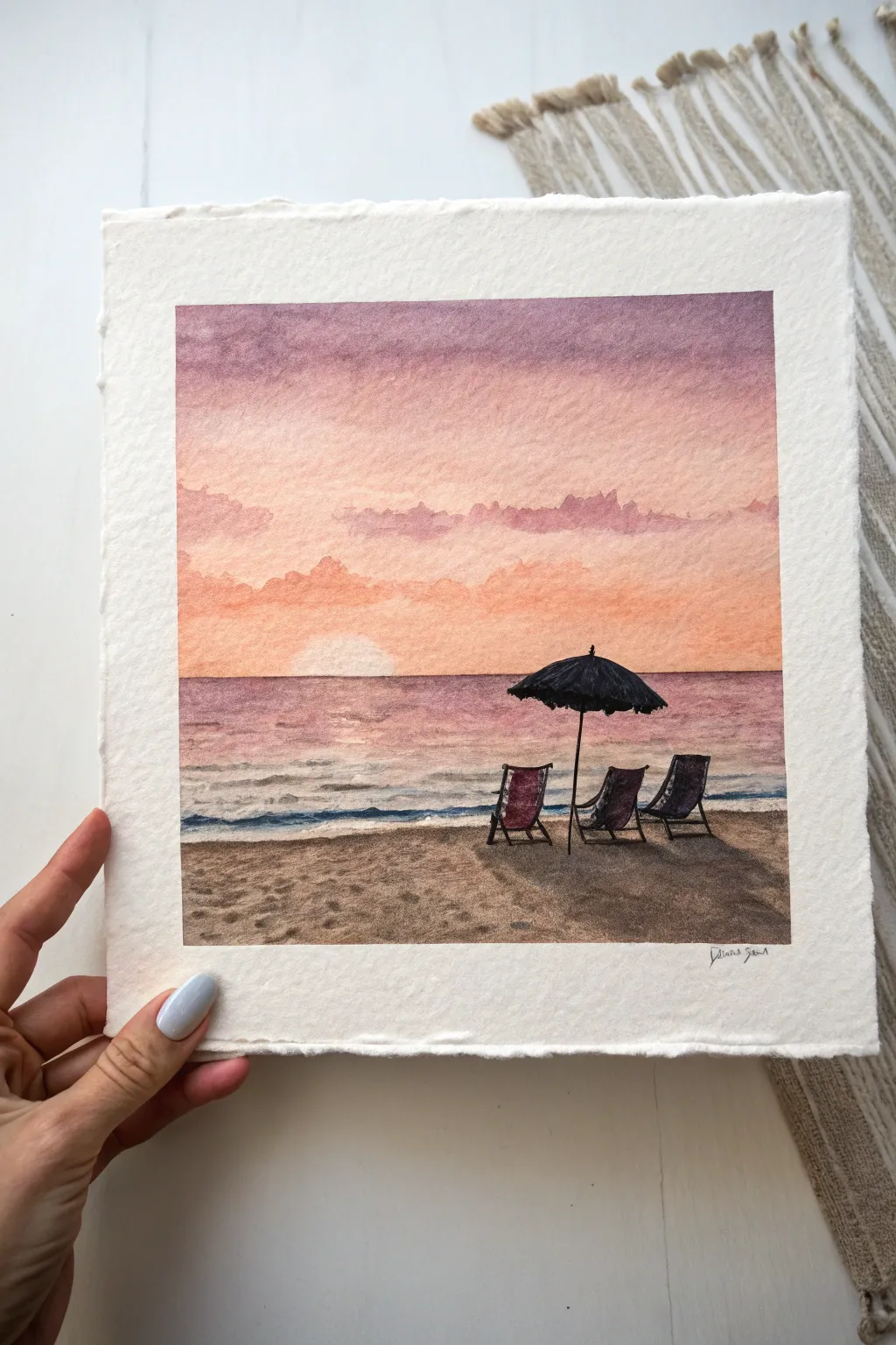 Minimalist sunset beach silhouette with chairs and umbrella, made for easy painting practice