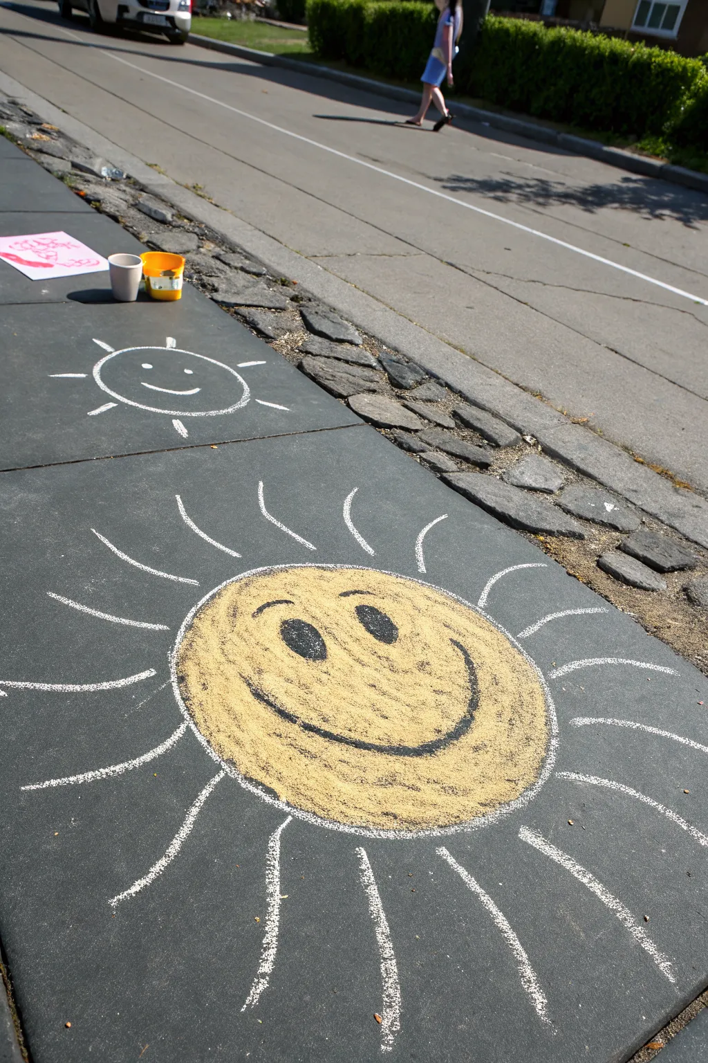 Beginner chalk art: bold smiley sunburst with straight and wavy rays for instant pop