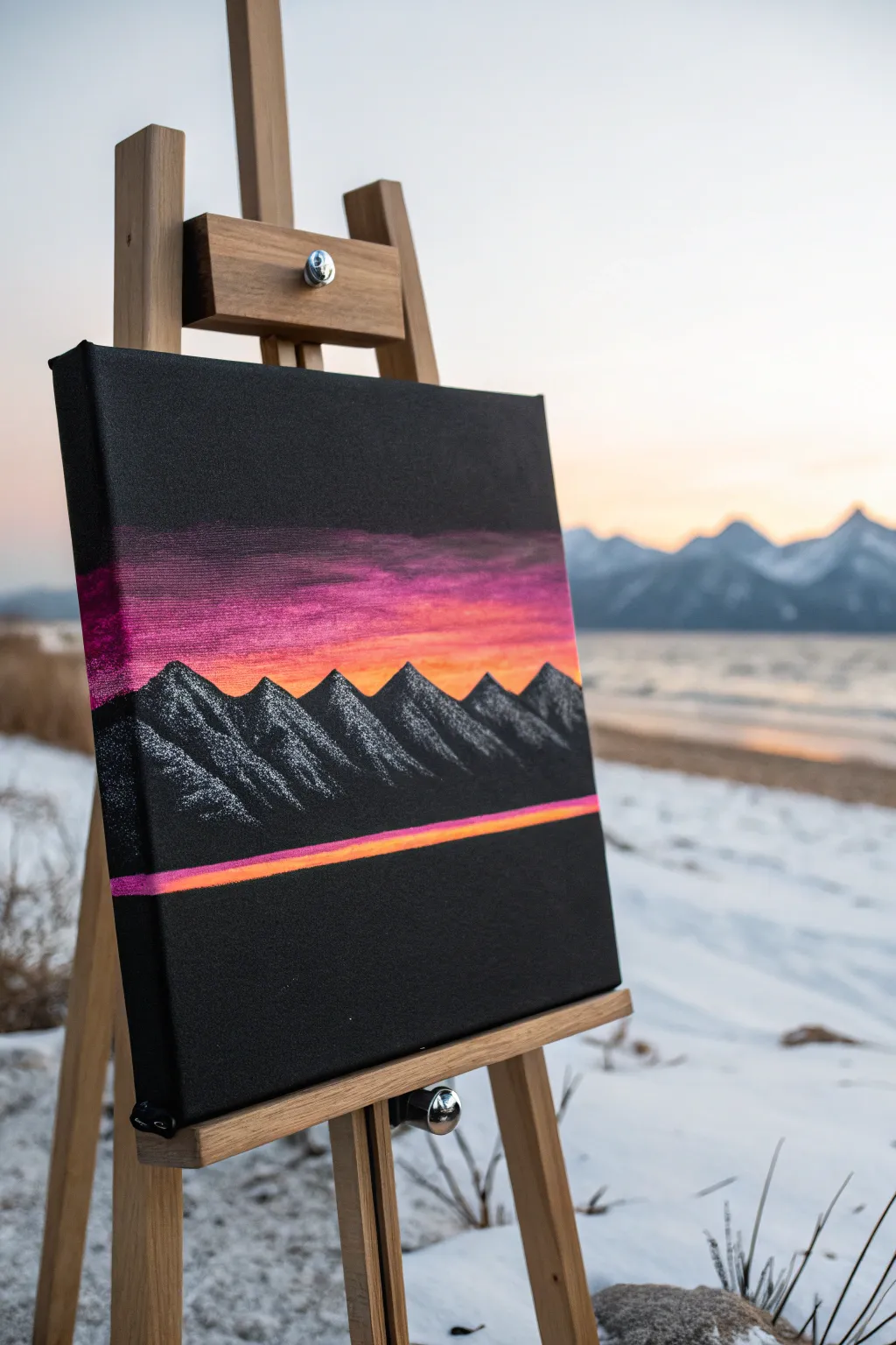 Minimal black mountain ridge with a glowing neon sunset band for an easy canvas paint idea