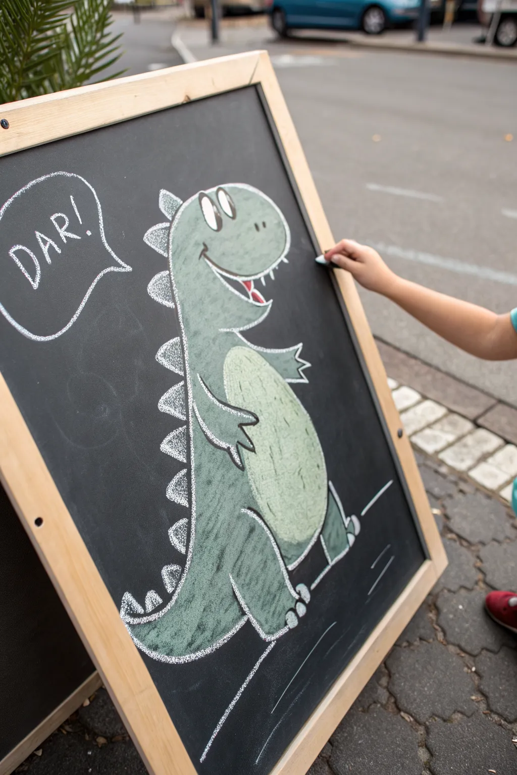 Friendly big-belly chalk dino in soft pastel blocks, simple lines, and crisp contrast