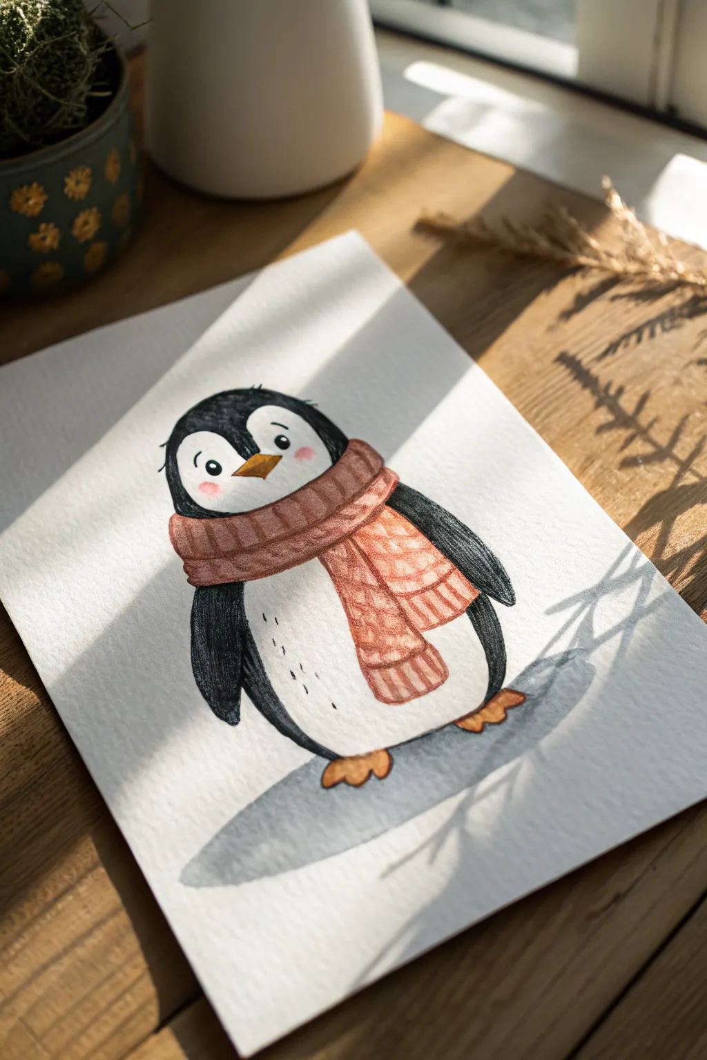 Egg-shaped penguin with a cozy scarf and bold color blocking for an easy, cute painting idea.