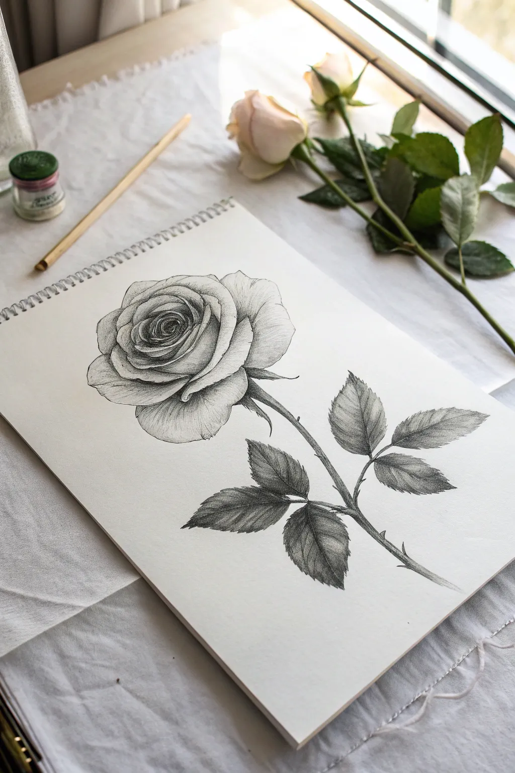 Single rose in bold charcoal value shapes, soft blends and lifted highlights for contrast