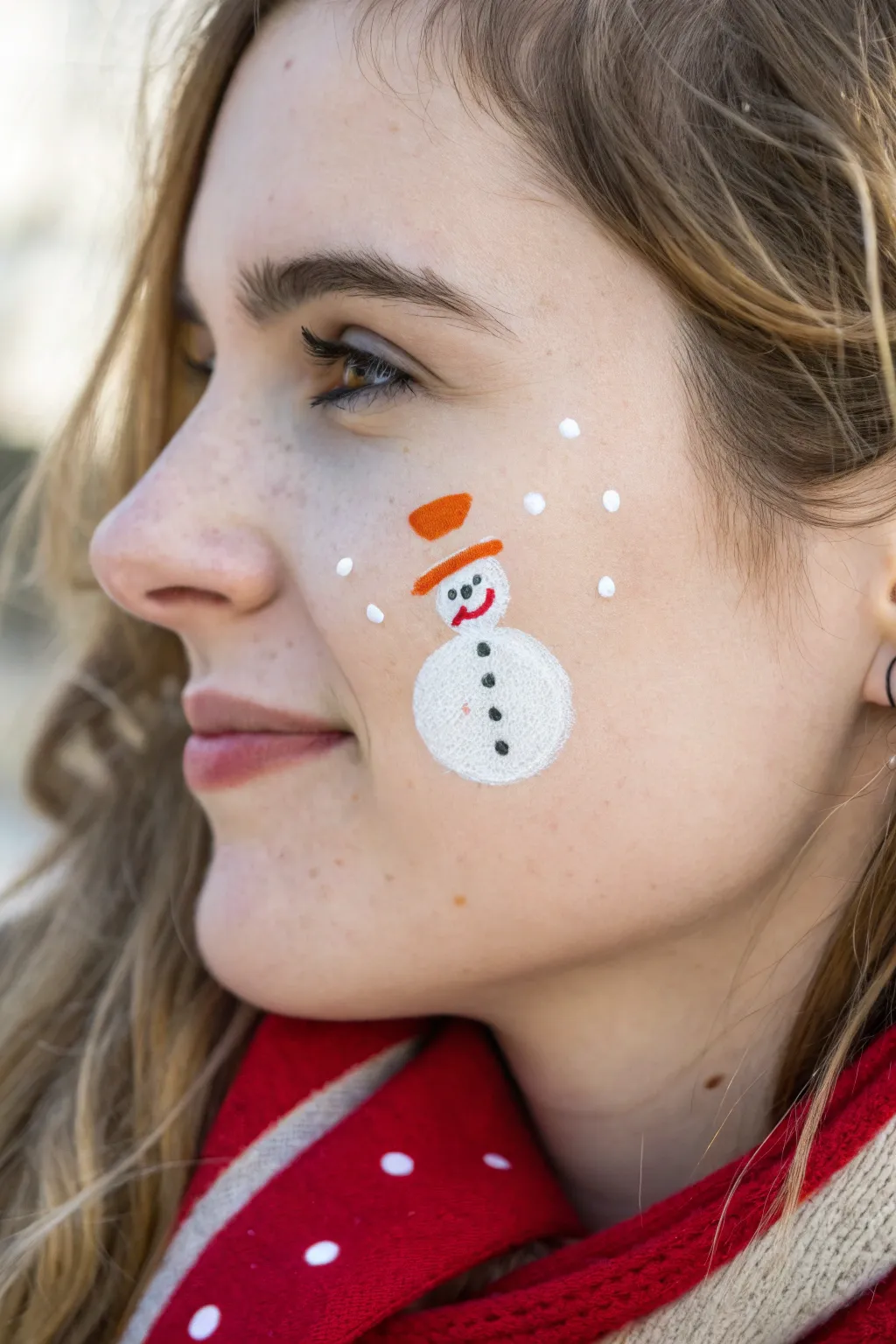 Two-circle snowman cheek art in a minimalist style, with a tiny scarf stripe and snow dots