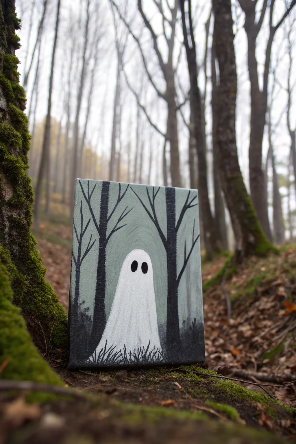 Simple sheet ghost floats in shadowy woods, a minimalist creepy acrylic idea with soft mist.