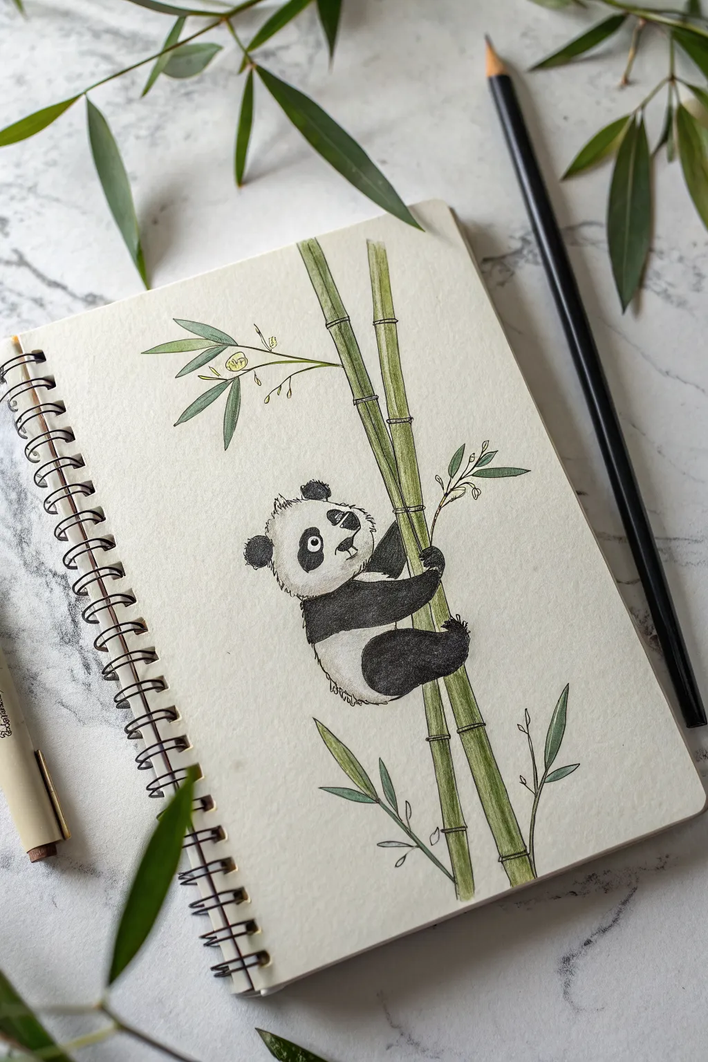 Simple panda hugging a bamboo stalk, minimal lines and soft sage accents for easy sketch practice