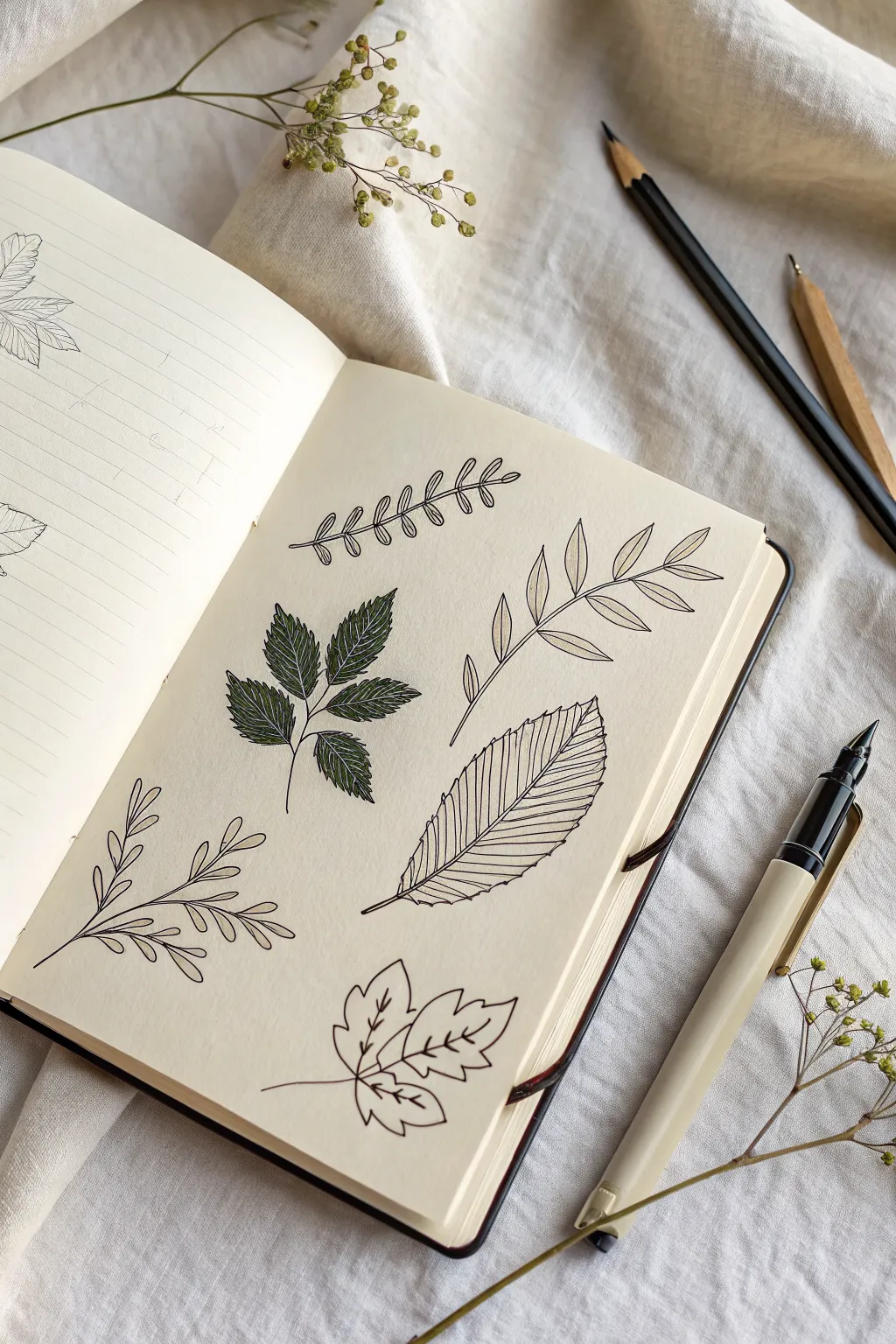 Simple leaf and sprig doodles on a clean sketchbook page, perfect for easy drawing practice