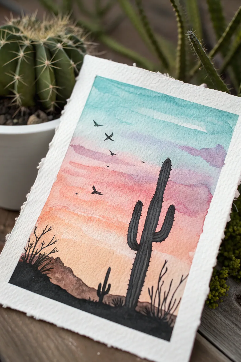 Minimal DIY silhouette painting: bold black shapes over a soft gradient sky with boho warmth