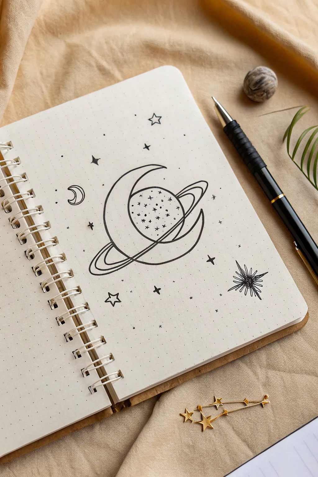 Minimal space doodle inspiration: crescent moon, ringed planet, and tiny orbit lines