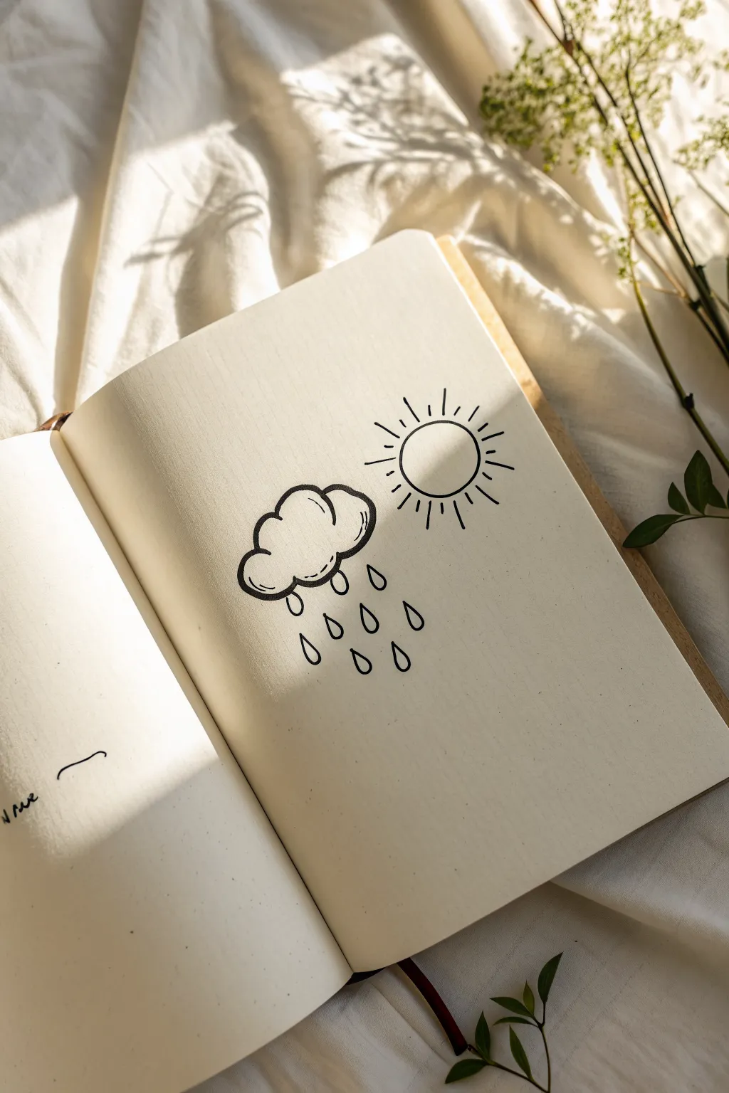 Calm class doodles: a simple cloud, tiny sun, and raindrops in clean minimalist line art.