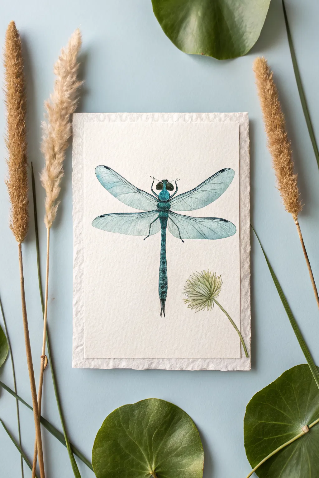 Simple dragonfly painting with lily pads and cattails in a calm blue-green Scandinavian palette