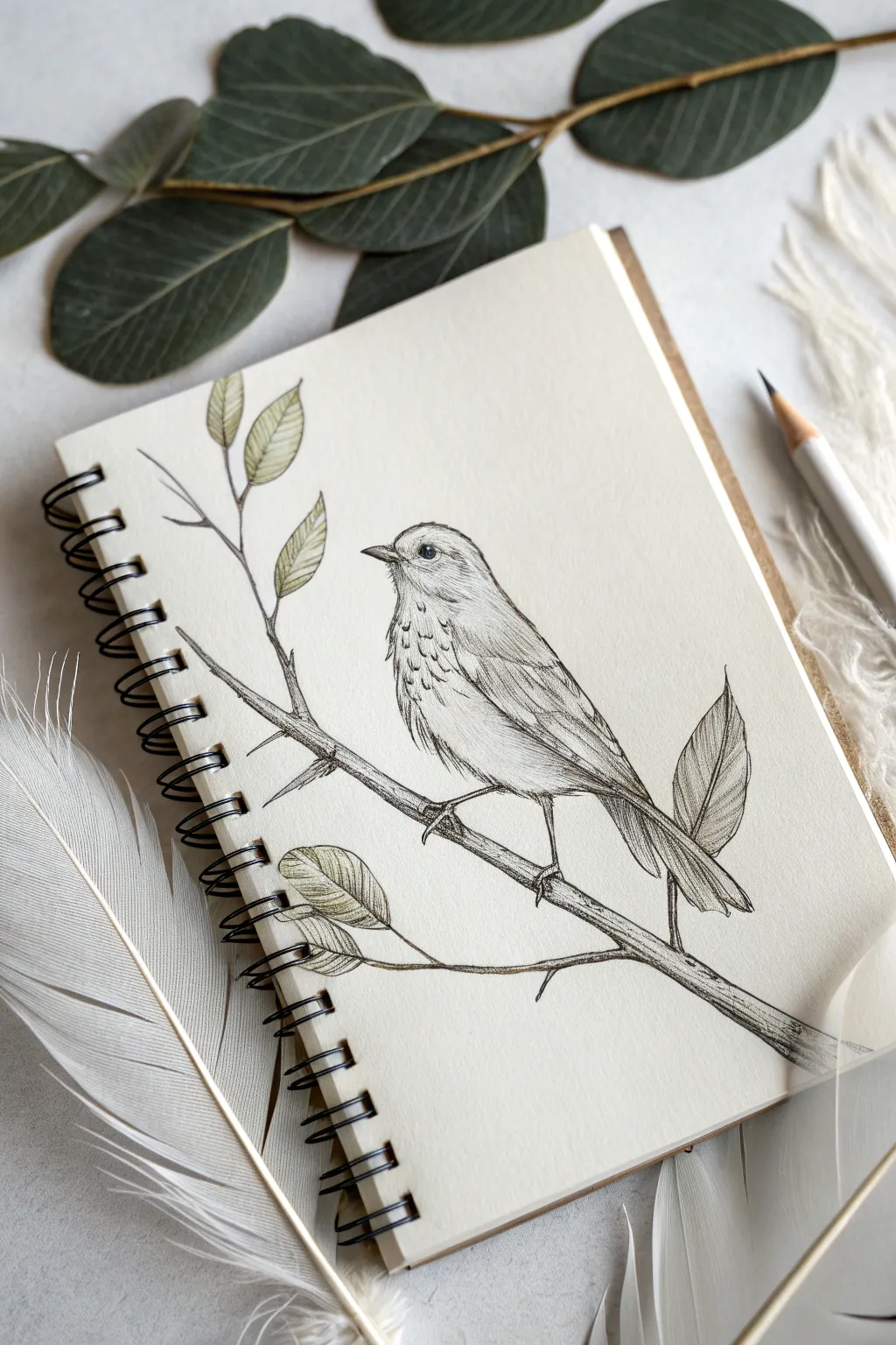 Easy bird on a branch drawing for 11 year olds, with simple feather lines and a bright eye highlight.