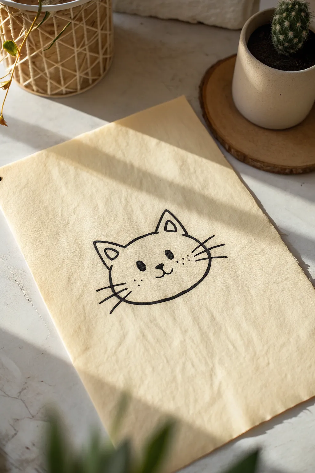 Cute cat face outline: simple ears, dot eyes, tiny nose, and whiskers for easy practice