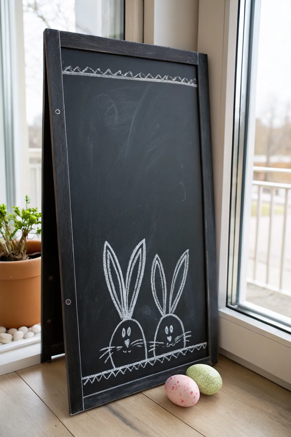 Easy Easter chalk art: simple bunny ears peeking over a stitched border with tiny egg doodles.