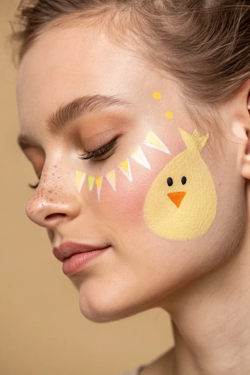 Baby Chick Nose Pop face paint: a sweet yellow chick centered on the nose with soft rosy cheeks