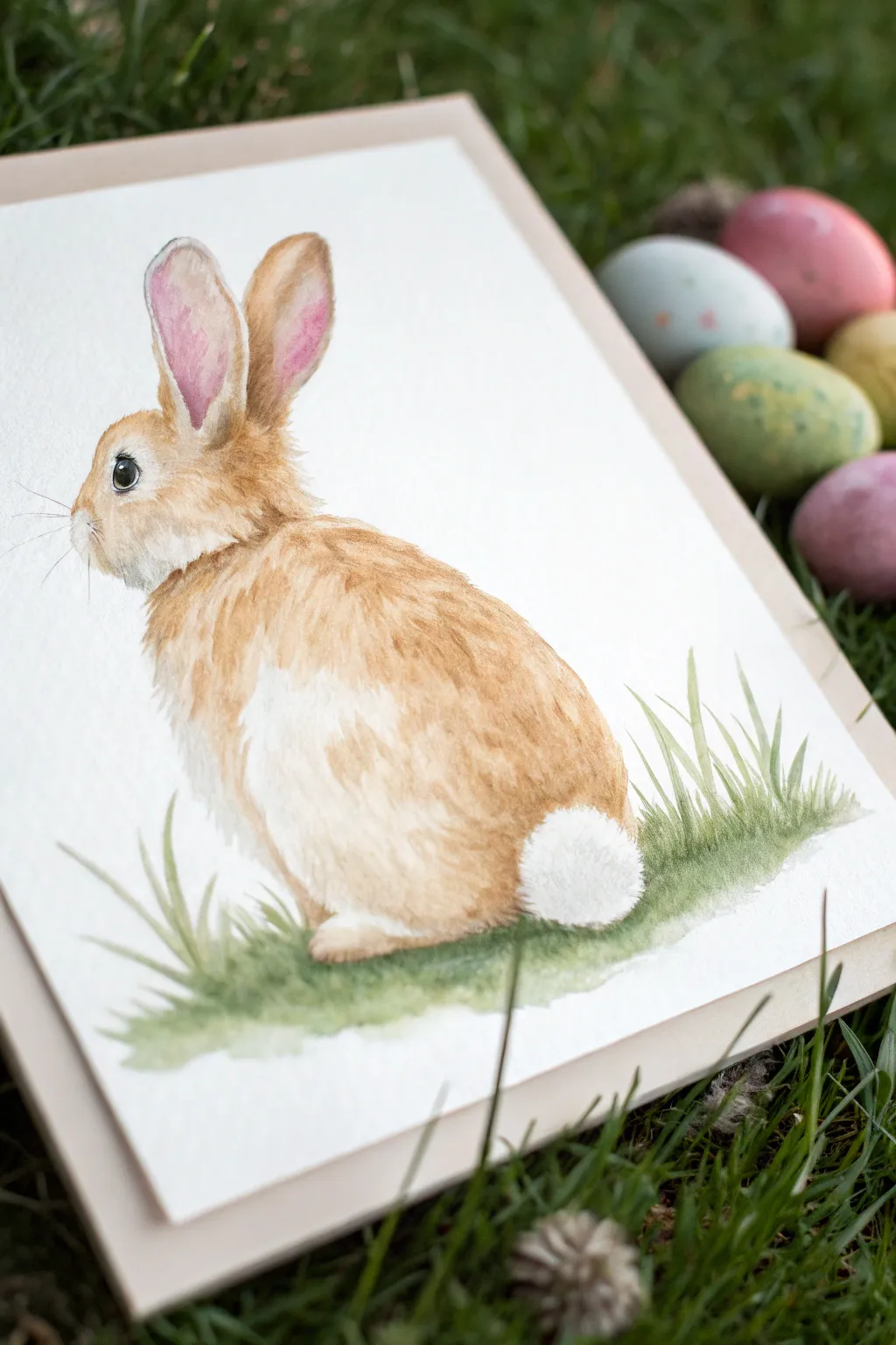 Paint a sweet bunny from behind with a fluffy tail, simple grass and pastel eggs.