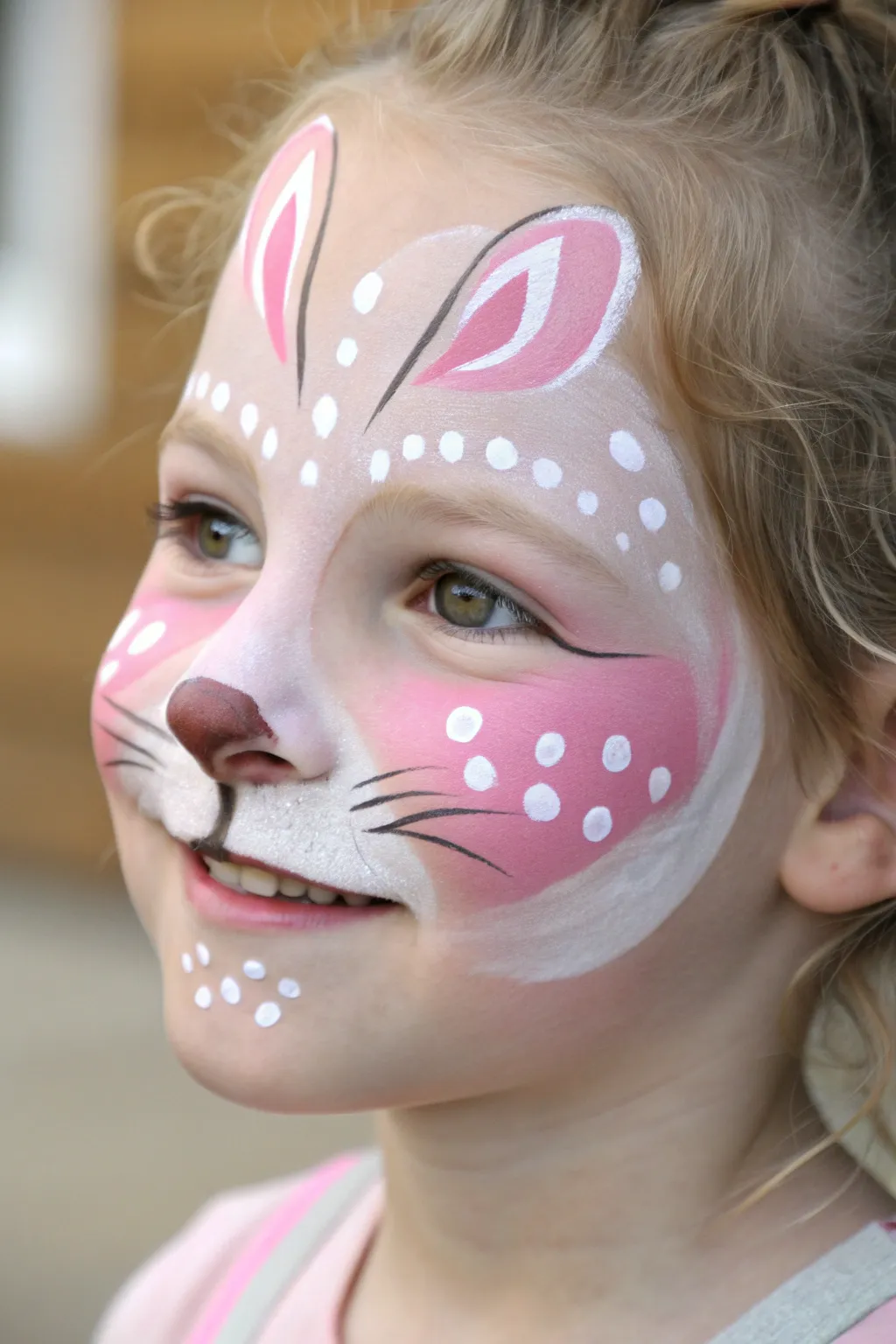 Sweet bunny nose and buck teeth face paint in soft pastels, clean lines, and cute simplicity