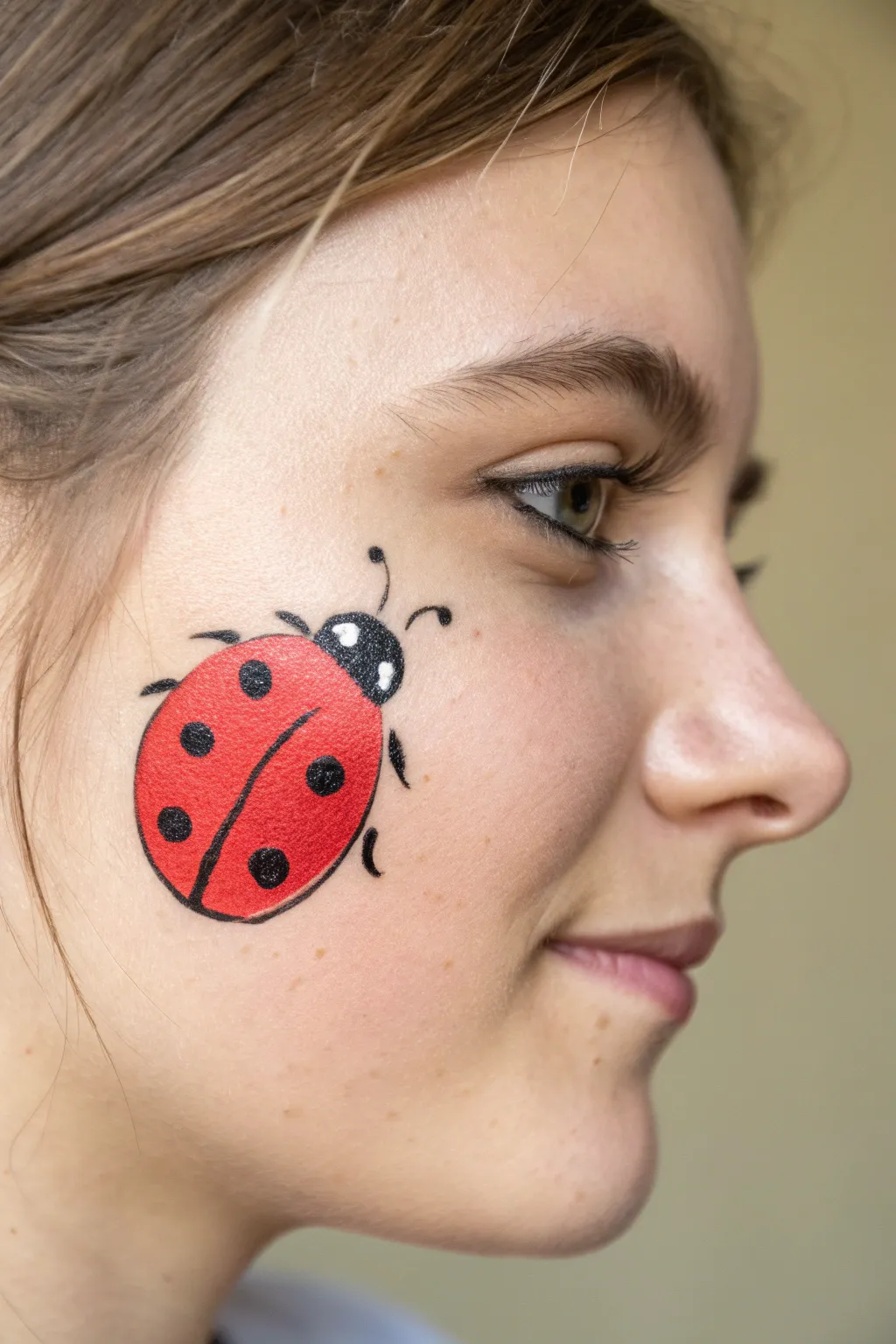 Cute cheek ladybug: crisp red dot design with black head and spots, simple and sweet.