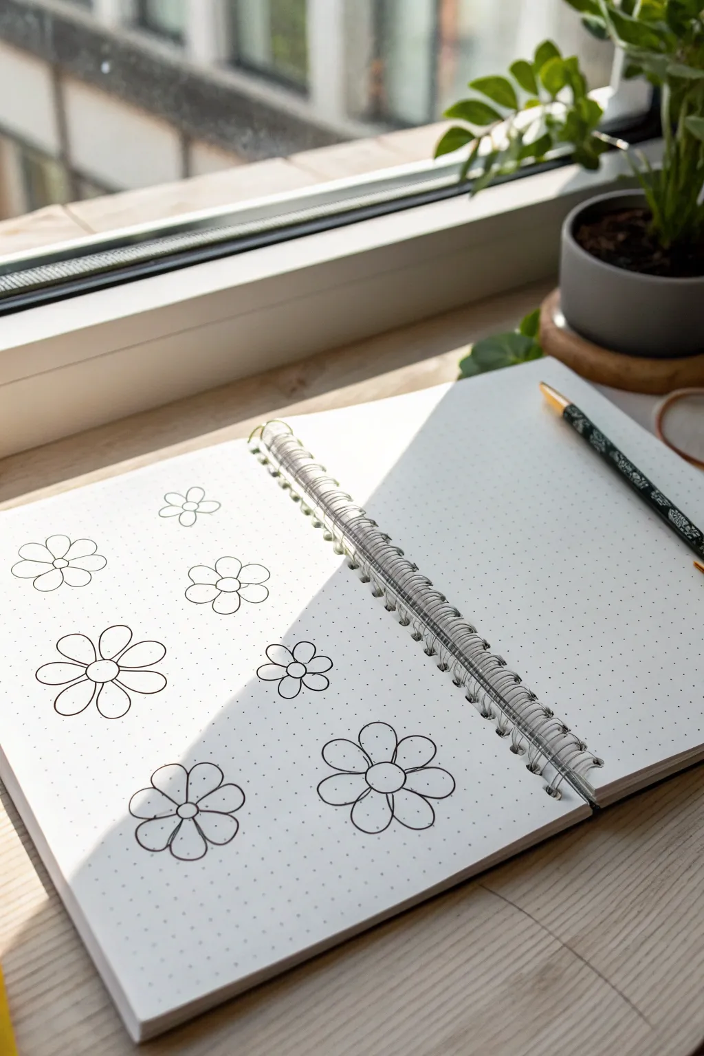 Practice sweet five-petal heart blossoms with this simple minimalist flower sketch pattern.