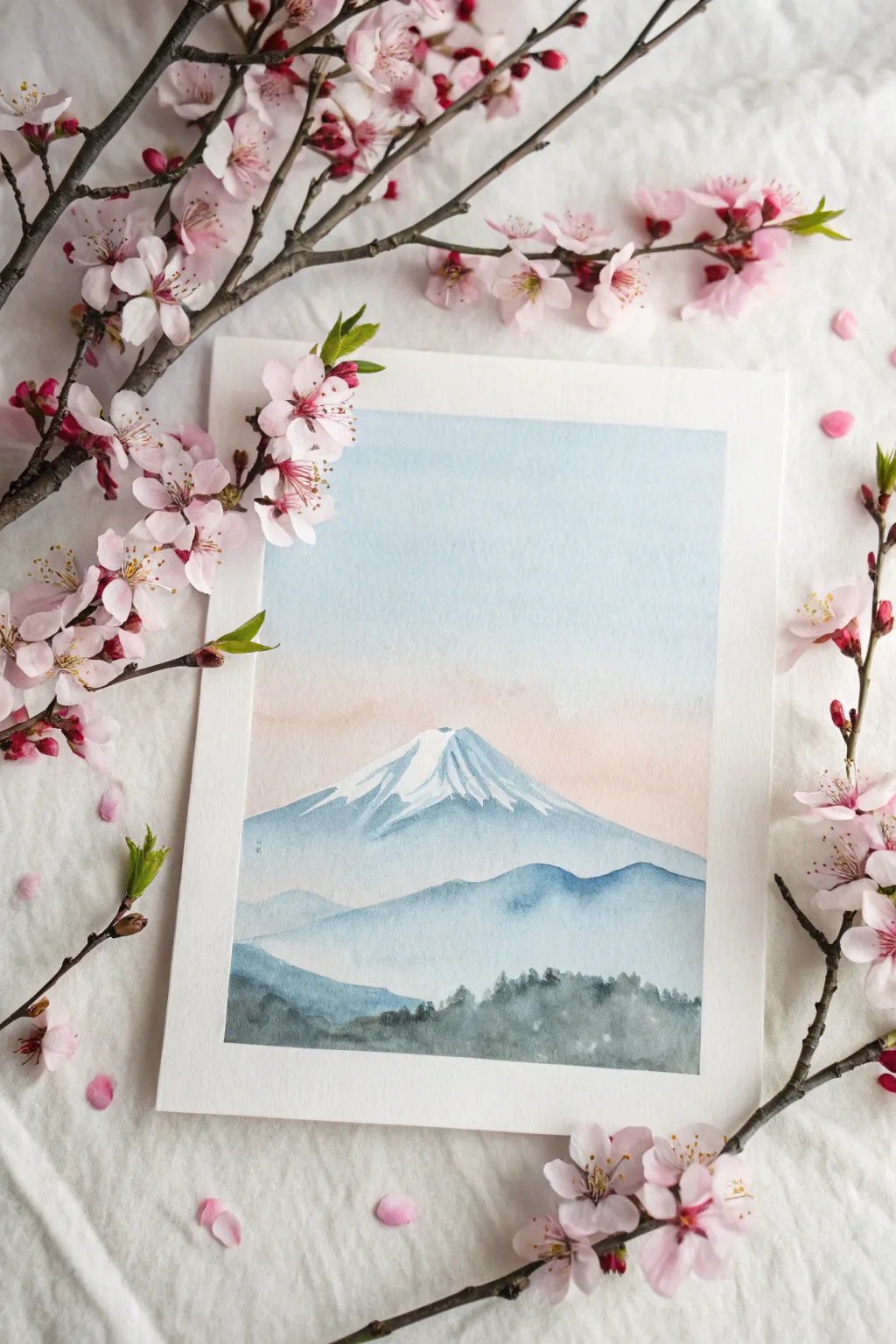 Paint a calm mountain skyline, then add playful cherry blossom dabs for instant charm.