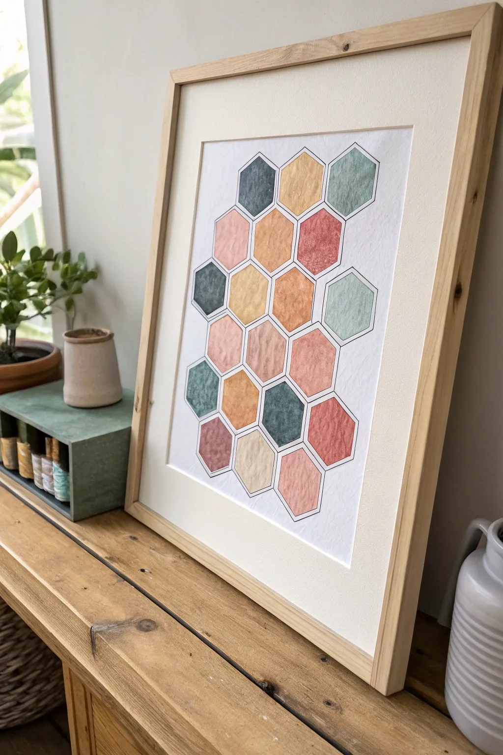 Minimal honeycomb hexagon painting with a few boho color pops for an easy geometric look
