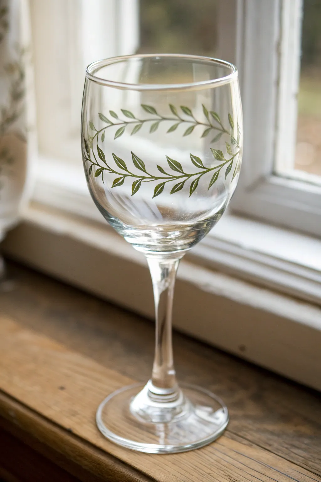 Minimalist leafy vine border on a wine glass rim for an easy, elegant glass painting idea.