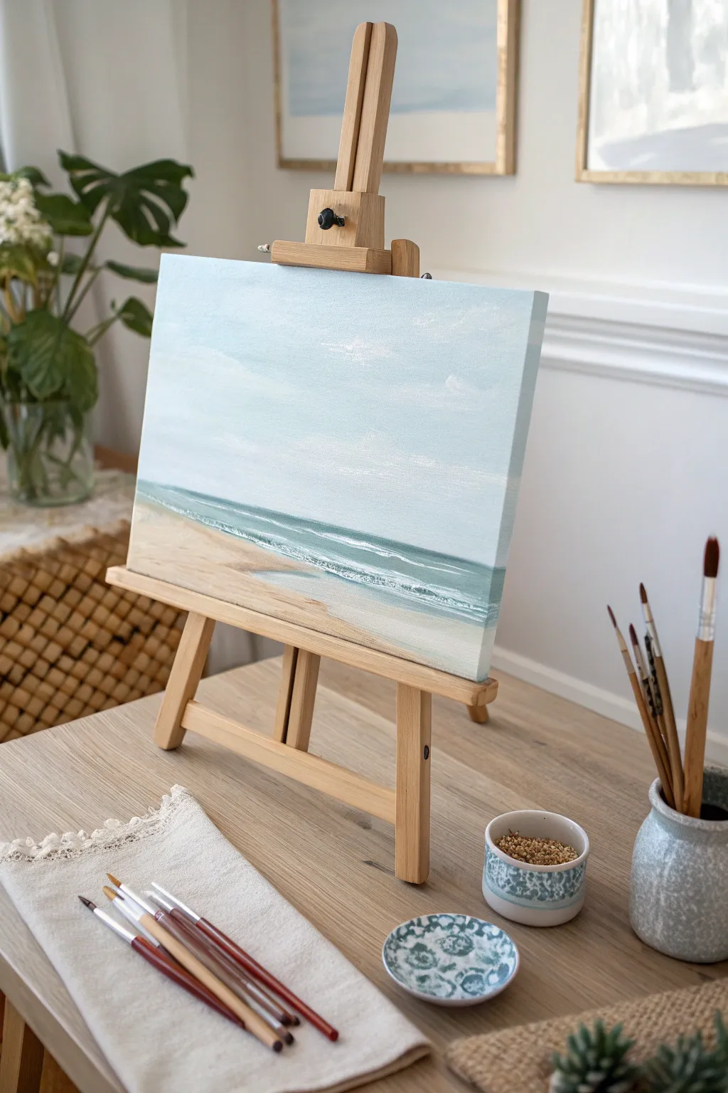 Calm beach horizon canvas with simple waves, perfect for an easy group paint night.