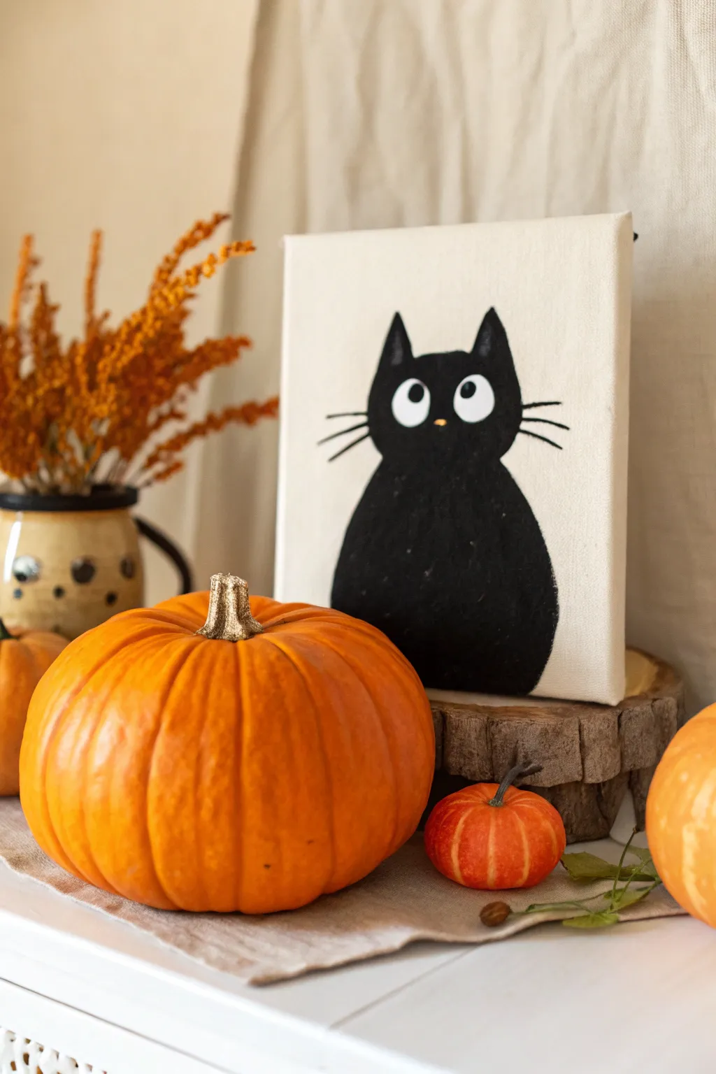 Minimal black cat silhouette perched on a bright pumpkin, a chic high-contrast Halloween canvas idea