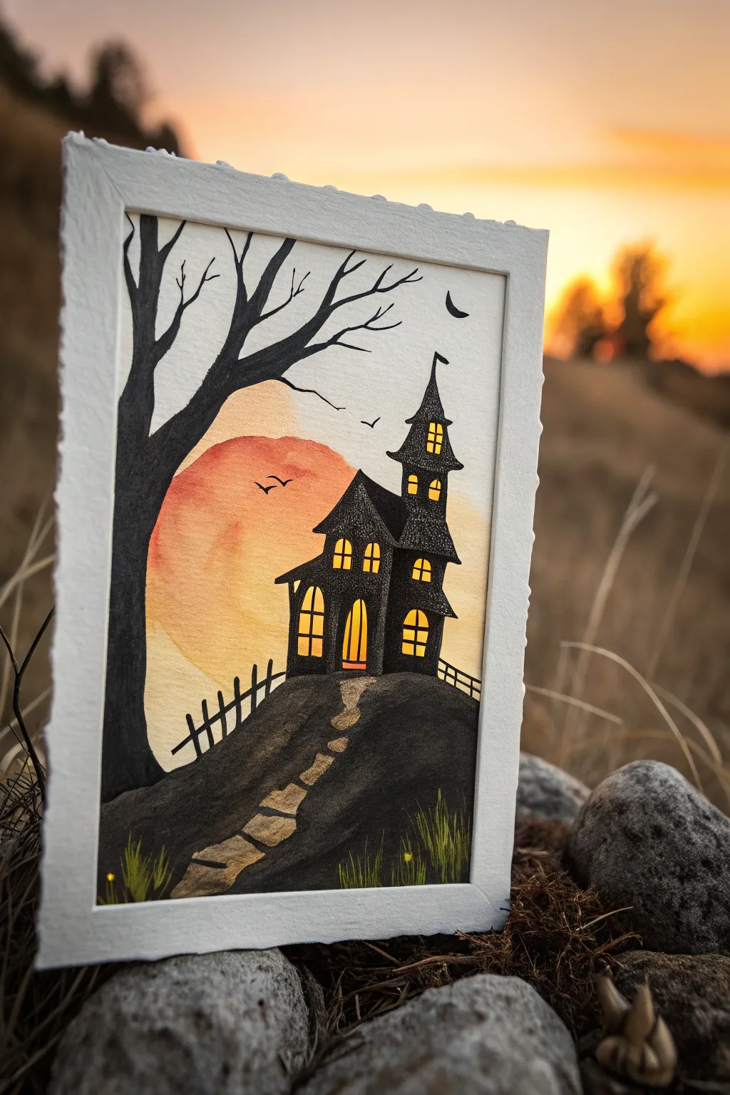 Minimal haunted house silhouette on a hill, glowing windows against an orange-to-black sunset.