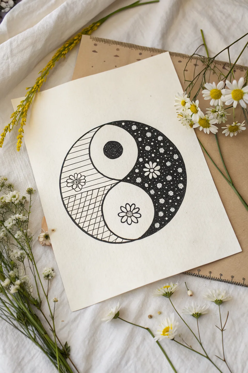 Easy yin-yang doodle with simple pattern fills, relaxed hippie vibe in minimalist Scandi style