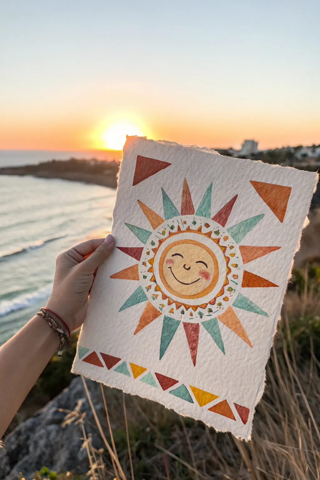 Radiating sun painting idea with bold colorful rays and a soft two-tone sunset wash