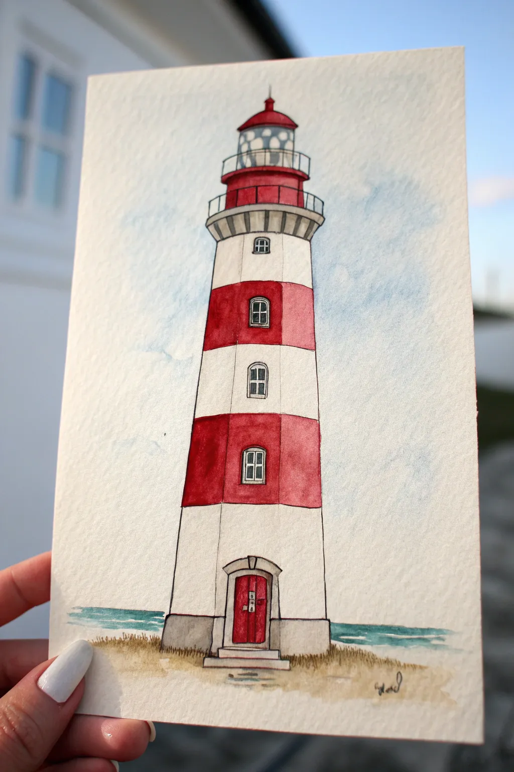 Paint a bold red-and-white striped lighthouse using simple shapes and clean Scandinavian vibes