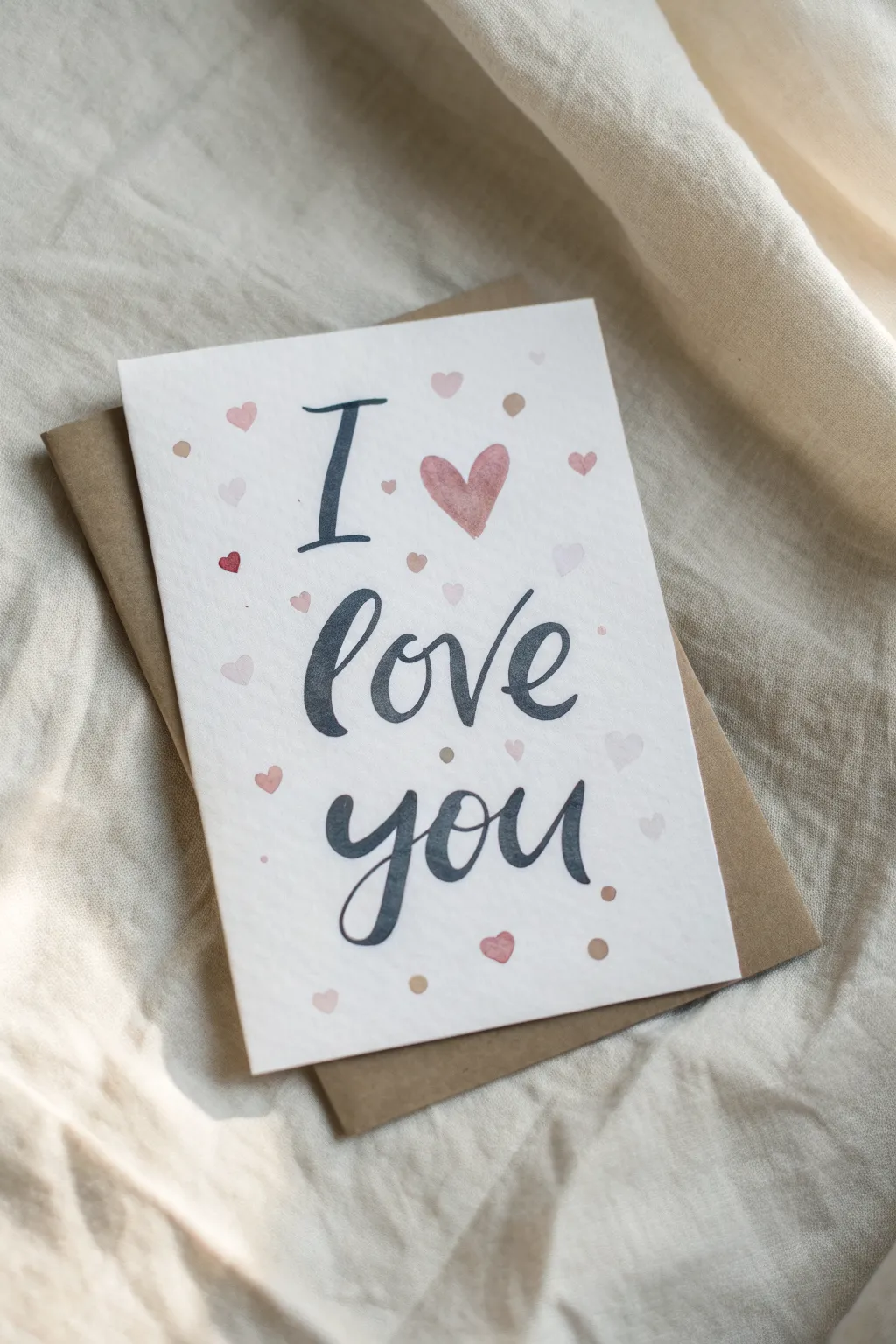 Minimal two-tone I love you lettering with blush hearts, a sweet easy painting idea for him