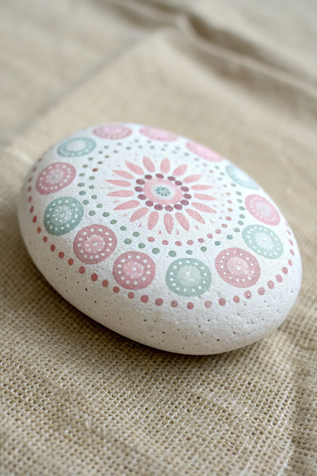 Soft pastel mandala dots on a pale rock, calm airy vibe for easy beginner rock painting
