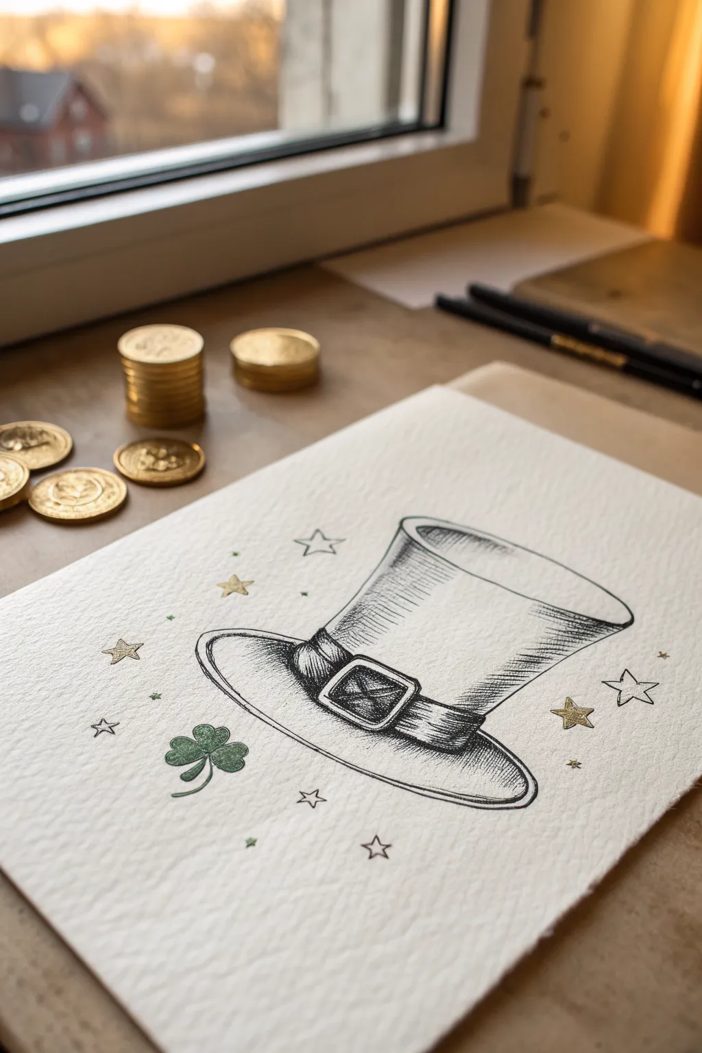 Easy March sketch: a lucky top hat with simple gold coins and tiny sparkles in minimal style
