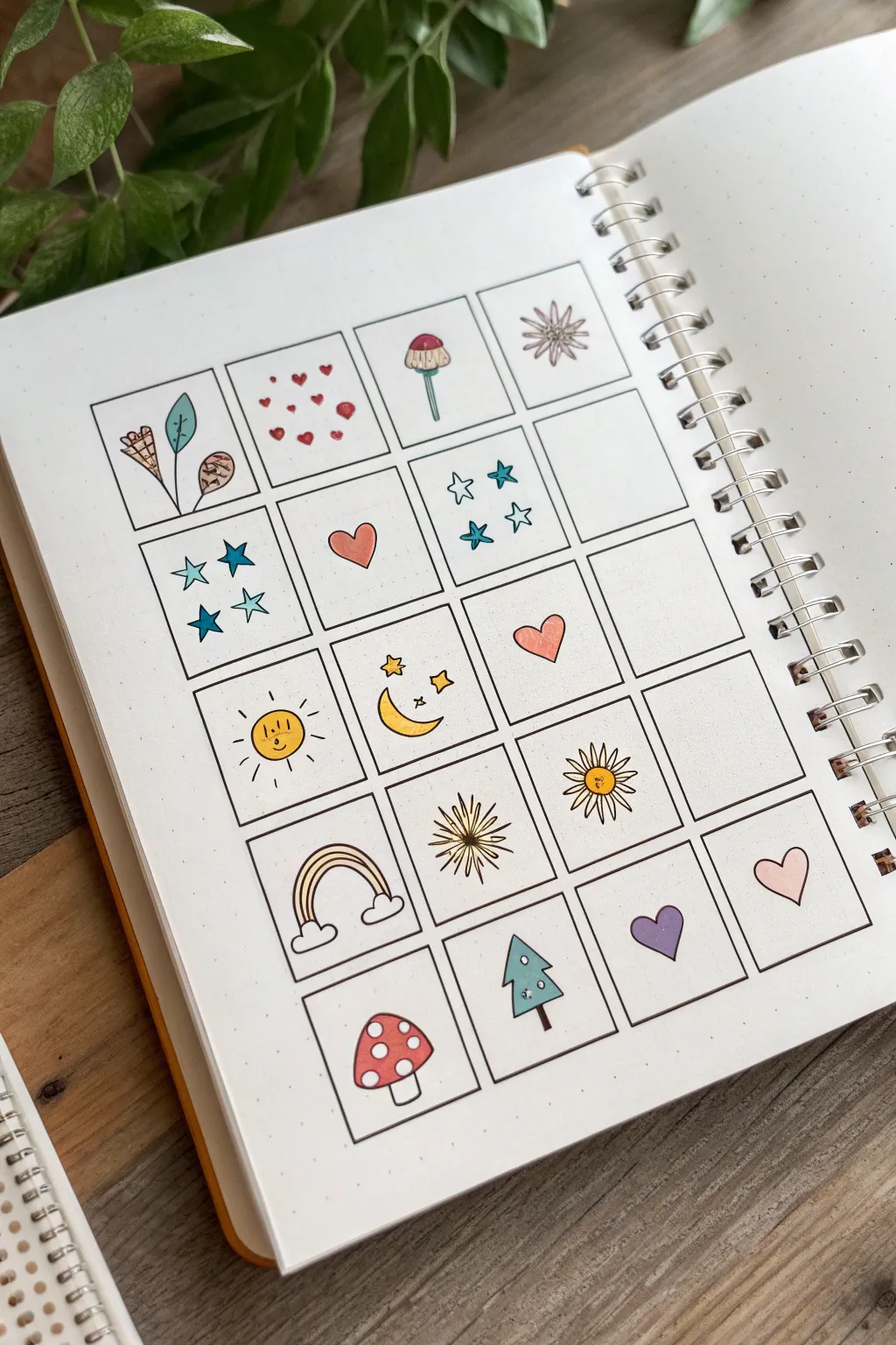 Bright mini icon doodle grid with bold marker color for quick, satisfying beginner art wins.