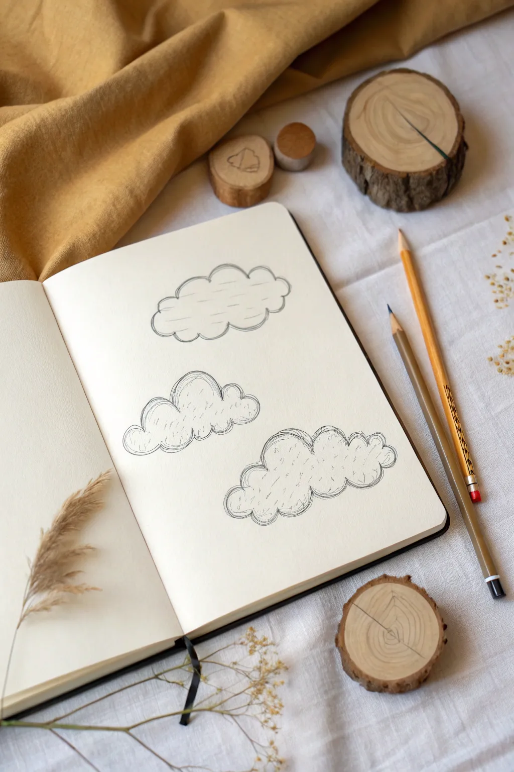 Easy cloud study in a clean sketchbook, soft shading and calm minimalist boho styling