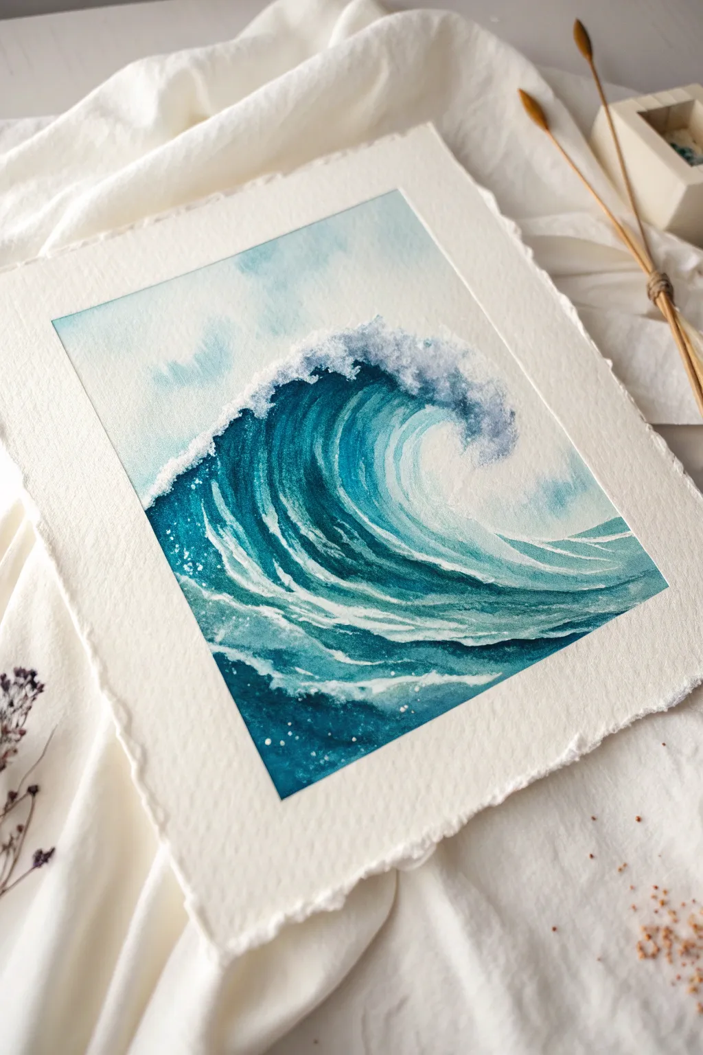 Paint a bold, single crashing wave with deep blues and crisp white foam in minimalist style.